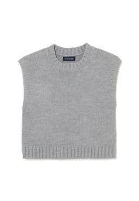 Grau gestrickter Pullover mit rundem Halsausschnitt und kurzen Ärmeln. Besitzt einen gerippten Saum und eine strukturierte Stoffoberfläche. Markenlabel am Hals sichtbar.