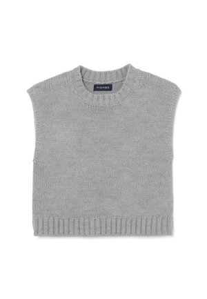 Suéter de punto gris con escote redondo y mangas cortas. Presenta un dobladillo acanalado y una tela texturizada. Etiqueta de la marca visible en el cuello.