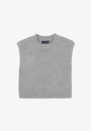 Grau gestrickter Pullover mit rundem Halsausschnitt und kurzen Ärmeln. Besitzt einen gerippten Saum und eine strukturierte Stoffoberfläche. Markenlabel am Hals sichtbar.