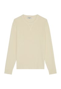 Pull en maille à manches longues de couleur crème avec texture côtelée et col rond, présentant un petit détail en V cousu sous le col.