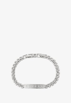 Hopeakettuinen linkki rannekoru, jossa on koristeellinen suorakulmainen levy sydänkuviolla ja pieniä upotettuja jalokiviä.