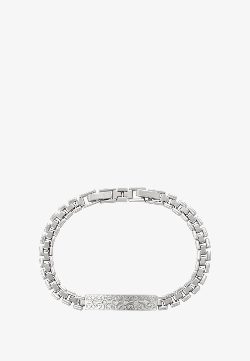 Ezüst színű fém lánc karkötő, díszes téglalap alakú táblával, amely szív mintázatú és kis beágyazott drágaköveket tartalmaz.