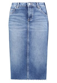 Denim skirt in light blue with a straight silhouette, mid-length, featuring a front slit and raw hem, five-pocket design with belt loops.