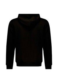 Hoodie noir avec un design texturé et matelassé, doté d'une grande capuche et de poignets et d'un ourlet côtelés. Coutures visibles le long des épaules.