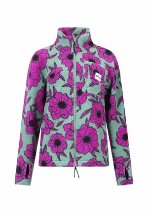 Fleecejack van muntgroen met een groot roze bloemenpatroon. Voorzien van een ritssluiting aan de voorkant, hoge kraag en een ritszak op de borst.