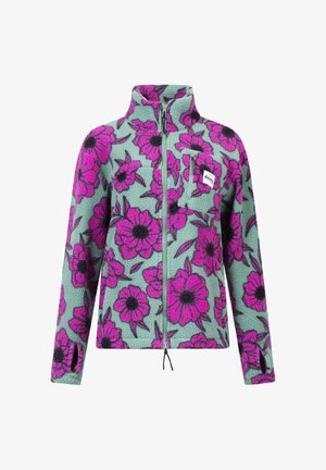 Fleecejack van muntgroen met een groot roze bloemenpatroon. Voorzien van een ritssluiting aan de voorkant, hoge kraag en een ritszak op de borst.