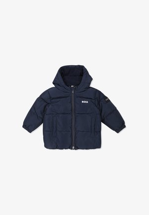 Giacca puffer navy con cappuccio, design trapuntato, zip frontale, due grandi tasche e logo sul petto e sul manico. Texture morbida.