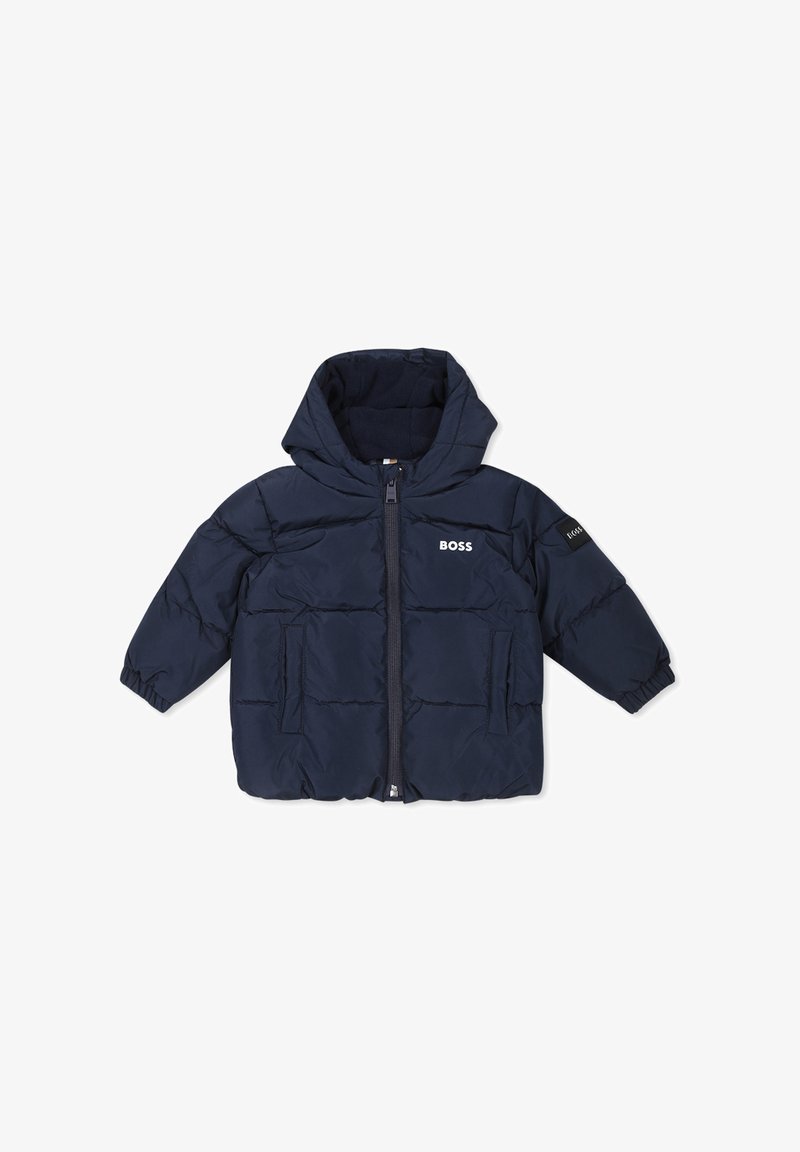 Giacca puffer navy con cappuccio, design trapuntato, zip frontale, due grandi tasche e logo sul petto e sul manico. Texture morbida.