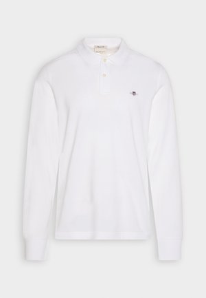 Weißes Langarm-Poloshirt aus Baumwolle mit Kragen, Zweiknopf-Leiste und kleinem gesticktem Logo auf der Brust.