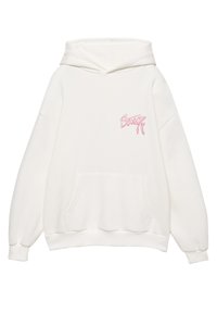 Felpa bianca con cappuccio realizzata in tessuto morbido. Presenta una tasca frontale e un logo ricamato rosa sul petto sinistro. Vestibilità ampia con cappuccio regolabile tramite coulisse.