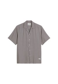 Korte mouwen shirt in een zwart-wit geruit patroon, met een camp kraag, knoopsluiting aan de voorkant en een klein merkembleem links onderaan.
