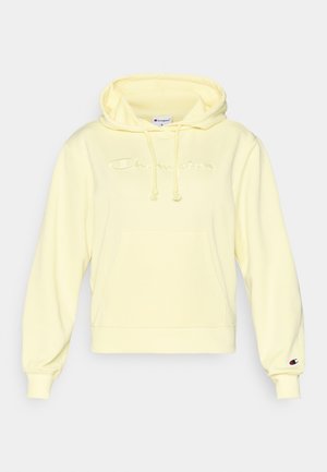 Yellow hoodie with a front pocket, adjustable drawstring hood, and embroidered logo. Soft fabric and ribbed cuffs.