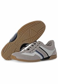 Graue Wildleder- und Mesh-Sneaker mit einer Sohle aus Gummi. Mit blauen und schwarzen Streifen, abgerundetem Zehenbereich und Schnürung mit sechs Ösen.