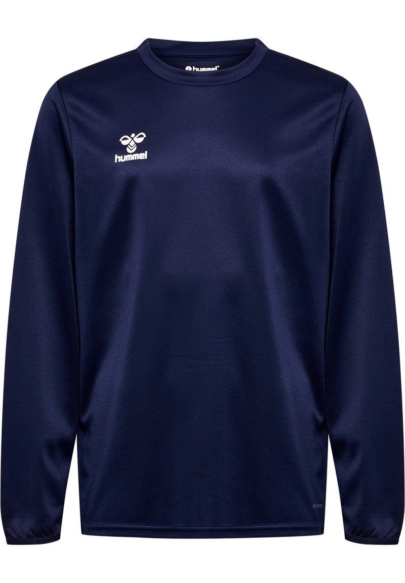 Maglietta sportiva a maniche lunghe di colore blu navy realizzata in tessuto sintetico liscio. Caratterizzata da un colletto rotondo e un piccolo logo bianco sul lato sinistro del petto.
