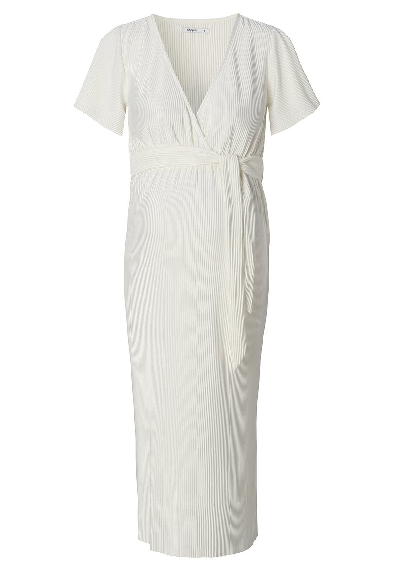 Weißes knielanges Kleid mit kurzen Ärmeln, V-Ausschnitt und gebundenem Taillenbund. Verfügt über strukturierte vertikale Falten im gesamten Stoff.