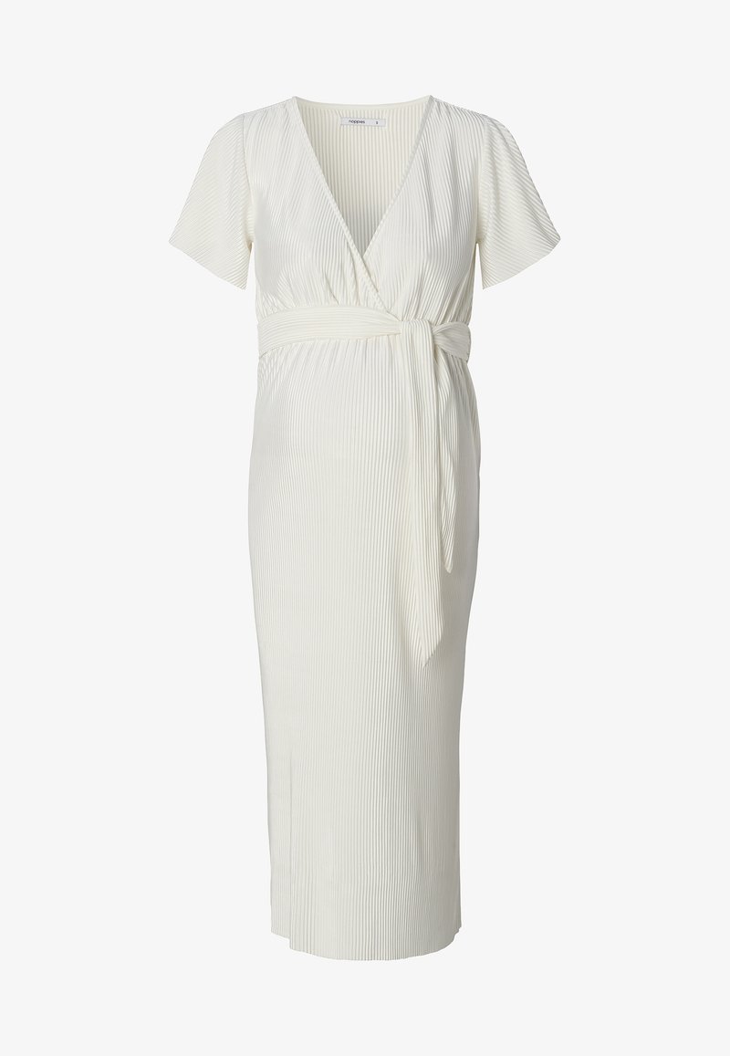 Weißes knielanges Kleid mit kurzen Ärmeln, V-Ausschnitt und gebundenem Taillenbund. Verfügt über strukturierte vertikale Falten im gesamten Stoff.
