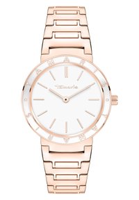 Roségoldene Metalluhr mit einem runden weißen Ziffernblatt, schlanken Stundenmarkierungen und einem Armbanddesign aus Gliedern. Der Markenname ist um die Lünette herum angebracht.