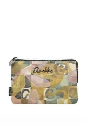 Pequeño estuche rectangular con cremallera con formas abstractas en tonos pastel amarillo, rosa, azul y verde, con el logotipo "Anekke" en letras metálicas.