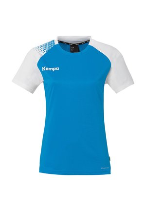 Blauw en wit sportshirt met korte mouwen, voorzien van een geometrisch patroon op de linker schouder en een logo op de voorkant.