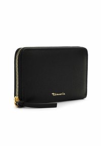 Black leather wallet with a textured finish, gold zipper, and logo accent. Compact rectangular shape with a wrist strap for easy handling.