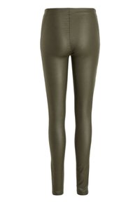Leggings in ecopelle verde oliva, vestibilità slim, texture liscia, vita alta, design del retro senza cuciture, senza tasche né decorazioni.