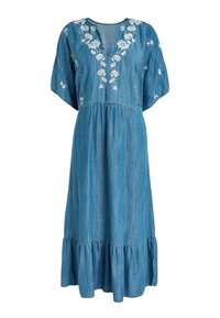 Blaues Denim-Kleid mit bestickten floralen Akzenten, V-Ausschnitt, kurzen Kimonoärmeln und einem gestuften, rüschigen Saum. Lässig, atmungsaktiver Stoff.