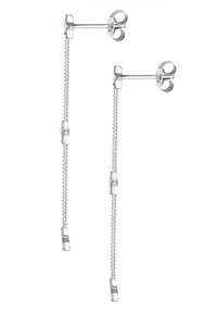 Silberne Ohrringe mit einem gewundenen Postdesign, die eine zarte Kette haben, die von einem Verschluss hängt. Die Kette enthält kleine, glatte Akzente.