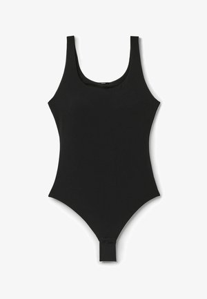 Body sans manches noir avec encolure dégagée et fermeture à pression à l'entrejambe, étalé à plat sur un fond blanc.