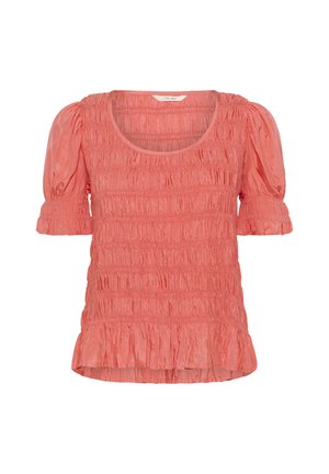 Koraalkleurig top met korte pofmouwen, gerimpelde textuur overal, ronde halslijn en een uitlopende zoom. Gemaakt van lichtgewicht, glanzende stof.