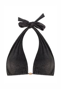 Czarny biustonosz bikini na halter z teksturowanym, błyszczącym wykończeniem. Zawiązywany na szyi w kokardę, z dekoracyjnym drewnianym akcentem na środku.