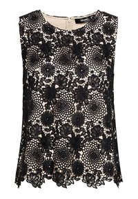 Svart spets överdel med blommönster på en nude-bakgrund, rund halsringning, ärmlös design och dragkedja på ryggen.