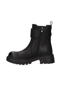 Stivali neri alla caviglia con una finitura in finta pelle liscia, dotati di cerniera laterale, cinturino regolabile e suola in gomma resistente.