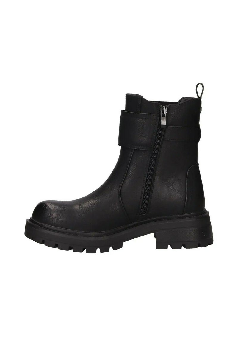 Stivali neri alla caviglia con una finitura in finta pelle liscia, dotati di cerniera laterale, cinturino regolabile e suola in gomma resistente.