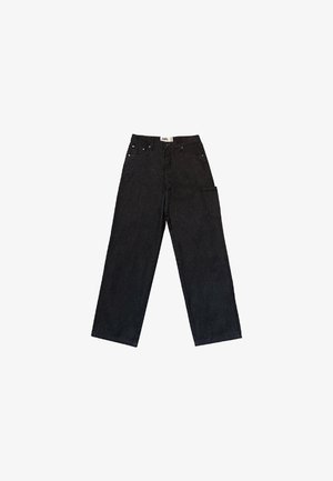 Zwarte denim trousers met een losse pasvorm, voorzien van een knoop- en ritssluiting aan de voorkant, vijf zakken en een gestructureerde stof.