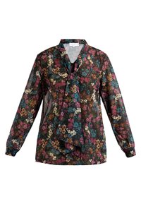 Blusa floreale in tessuto leggero con sfondo nero e fiori multicolore, maniche lunghe e dettaglio del collo legato.