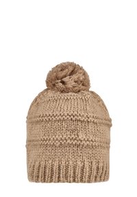 Knitted beige beanie with a textured pattern, featuring a fluffy pom-pom on top and a ribbed cuff for added warmth.