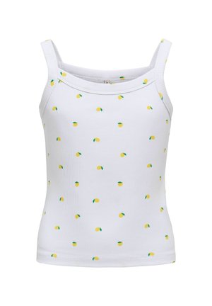 White sleeveless ribbed tank top with thin straps, featuring a pattern of small yellow lemons with green leaves.