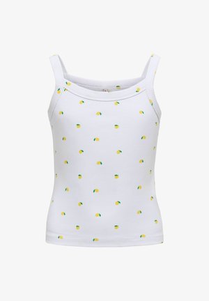 Witte mouwloze ribgebreide tanktop met dunne bandjes, met een patroon van kleine gele citroenen met groene bladeren.