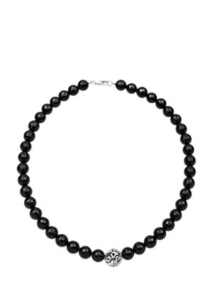 Black beaded necklace featuring polished round beads with a faceted surface and a decorative silver centerpiece with intricate detailing.