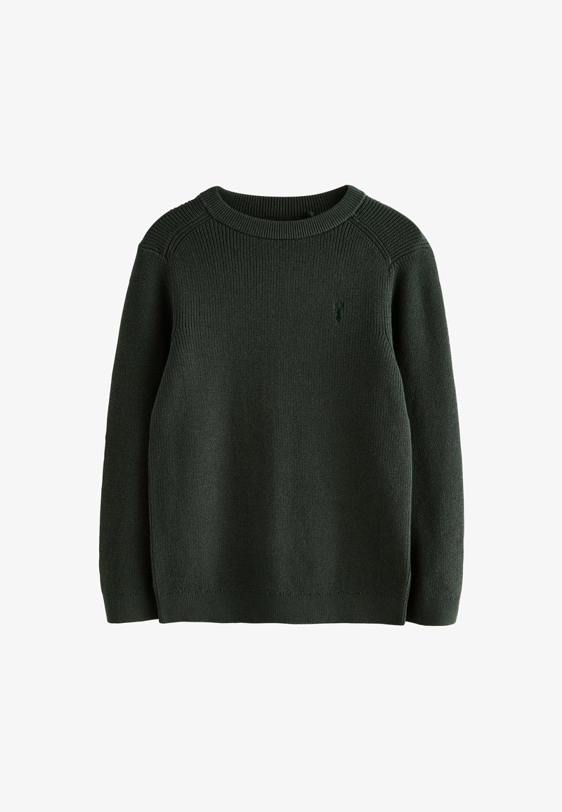 Jersey de punto verde oscuro con cuello redondo, mangas largas y sutiles detalles texturizados en los hombros.