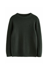 Pull en maille vert foncé avec un col rond, des poignets et un ourlet côtelés. Présente un petit logo sur la poitrine et un motif texturé.
