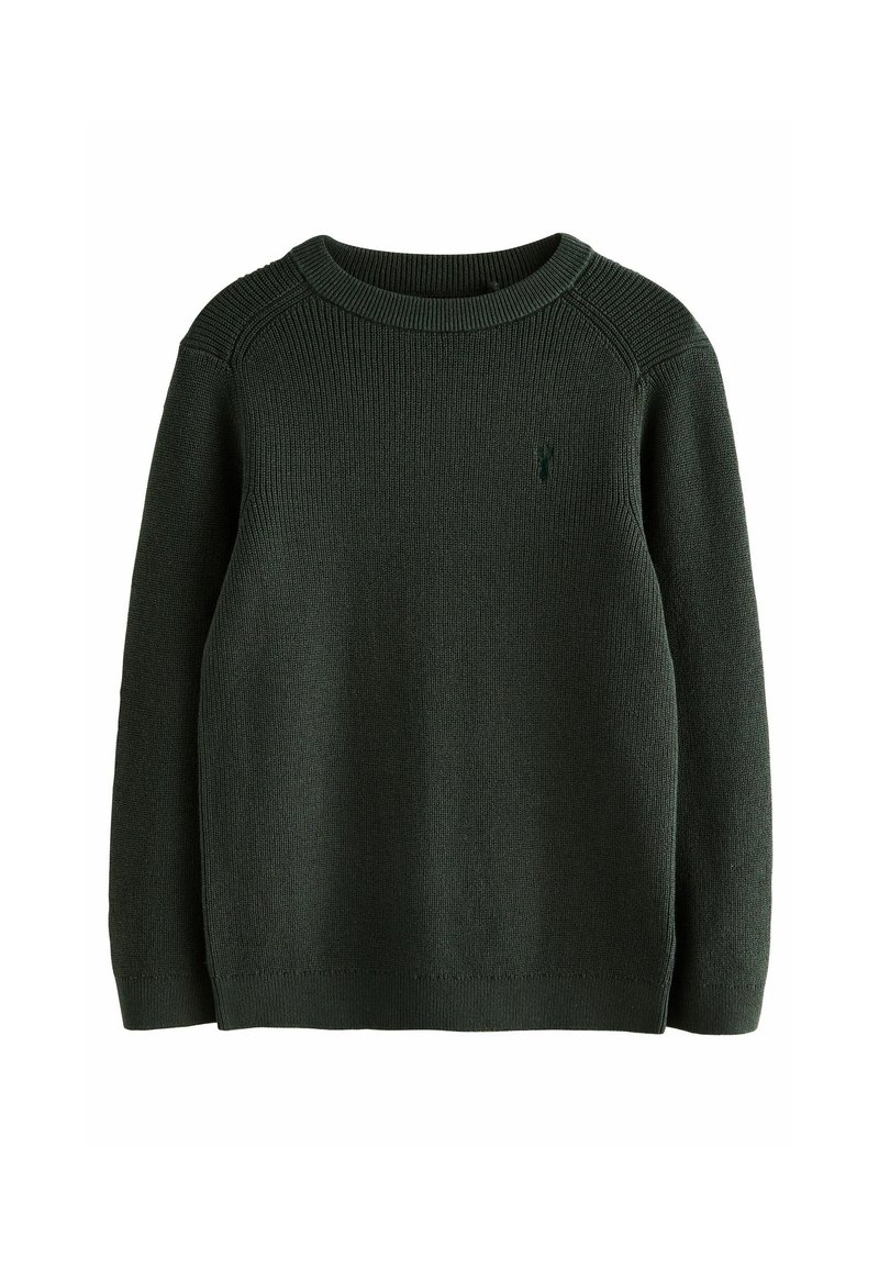 Pull en maille vert foncé avec un col rond, des poignets et un ourlet côtelés. Présente un petit logo sur la poitrine et un motif texturé.