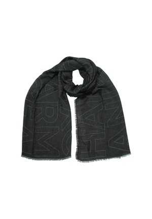 Sciarpa nera con una consistenza morbida, caratterizzata da ampie scritte tonali. I bordi sfilacciati aggiungono dettagli al design.