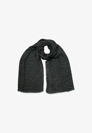 Sciarpa nera con una consistenza morbida, caratterizzata da ampie scritte tonali. I bordi sfilacciati aggiungono dettagli al design.