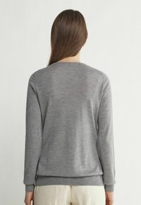 Grauer Pullover mit langen Ärmeln, Rundhalsausschnitt, gerippten Bündchen und Saum. Weicher Stoff mit leicht gebrushtem Finish, minimalen Nähdetails.