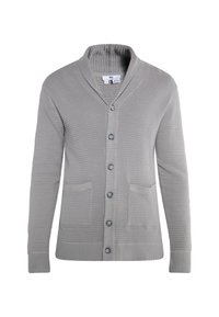 Šedý pletený cardigan s šálovým límcem, pěti knoflíky a dvěma předními kapsami. Texturovaná tkanina a žebrované manžety dodávají detail.