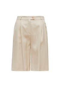 Short beige taille haute ajusté avec passants pour ceinture, fermeture par bouton et plis sur le devant, présenté sur fond blanc.