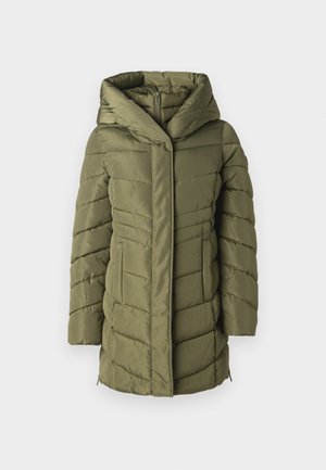 Olijfgroene pufferjack met capuchon, voorzien van een quilted ontwerp, achterkant met ritssluiting en zijzakken. Glad oppervlak over de hele lengte.