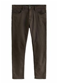 Hnedé slim-fit džínsy s prednými vreckami, pútkami na opasok a zapínaním na gombík, zobrazené na bielom pozadí.