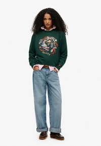 Groene sweatshirt met kleurrijke draakprint, ontspannen pasvorm, gecombineerd met lichtblauwe baggy jeans en donkerbruine schoenen. Roze shirt onder de sweatshirt.